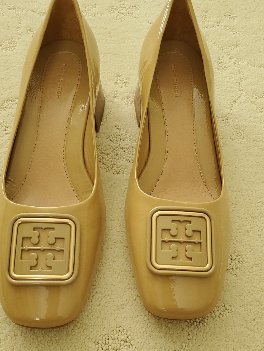 Tory Burch "Georgia" Patent Leather Block Heel Pumps in Tan